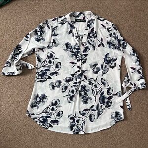 Ivanka Trump Sheer Ladies Top Sz Small/Medium White w Navy Floral Long Sleeved